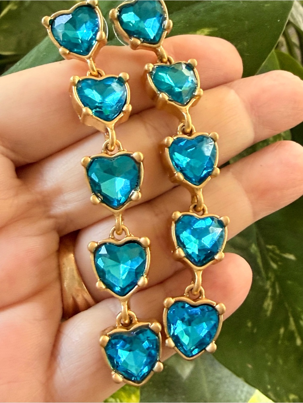 Oscar de la Renta HEART EARRINGS Gold BAHAMIAN BLUE CRYSTAL Pierced/Post-SIGNED